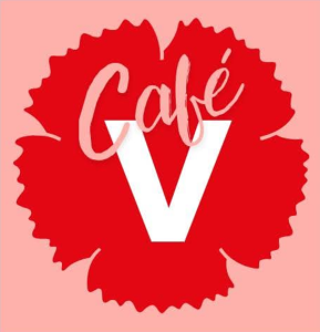 En bild på vänsterpartiets logo - en röd nejlika med texten Café V